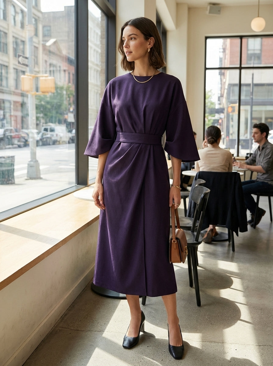 Midi Dress for Women with Belt and Wide Sleeves
