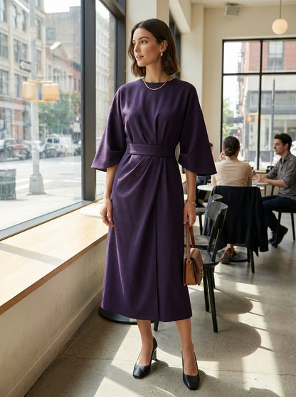 Midi Dress for Women with Belt and Wide Sleeves