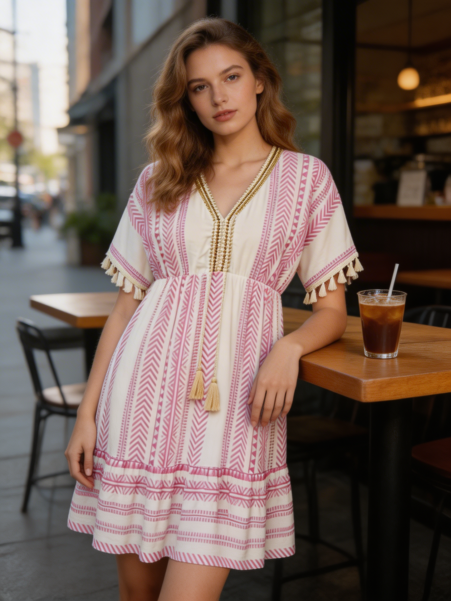 Summer Dress for Women V-Neck with Pattern and Tassels