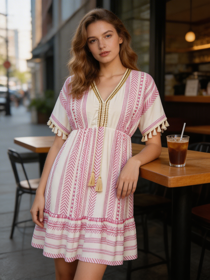 Summer Dress for Women V-Neck with Pattern and Tassels