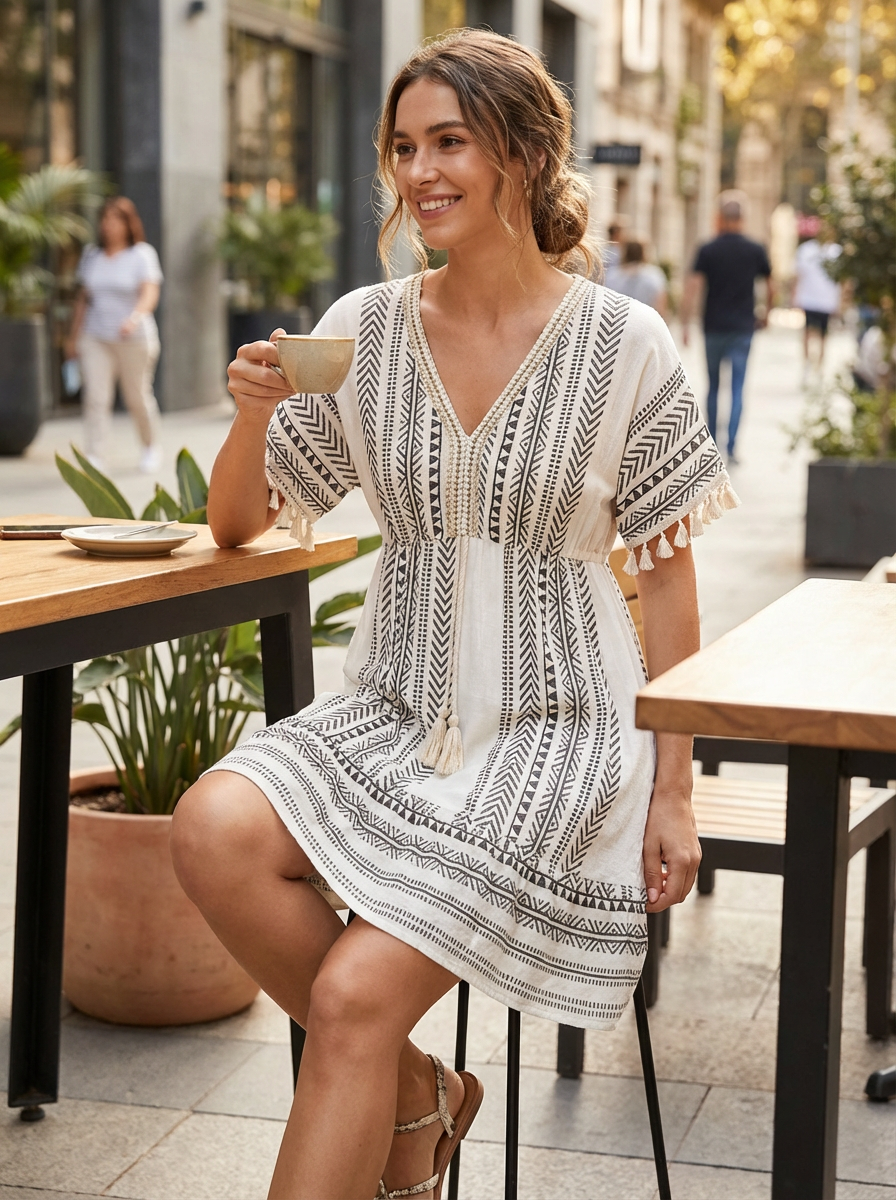 Summer Dress for Women V-Neck with Pattern and Tassels