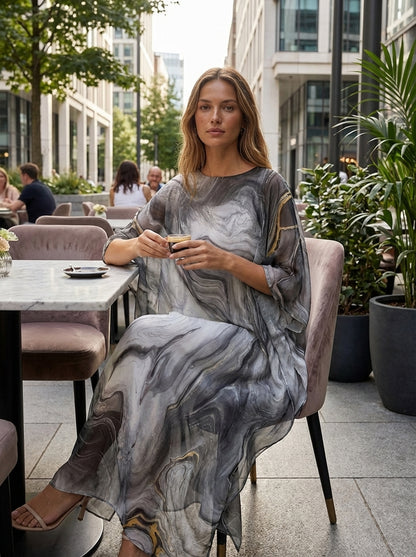 Maxi Dress for Women with Print and Short Sleeves