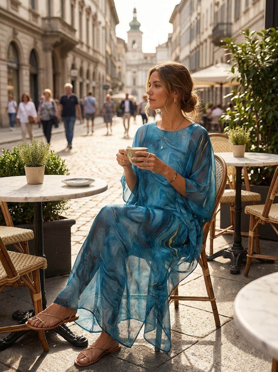 Maxi Dress for Women with Print and Short Sleeves