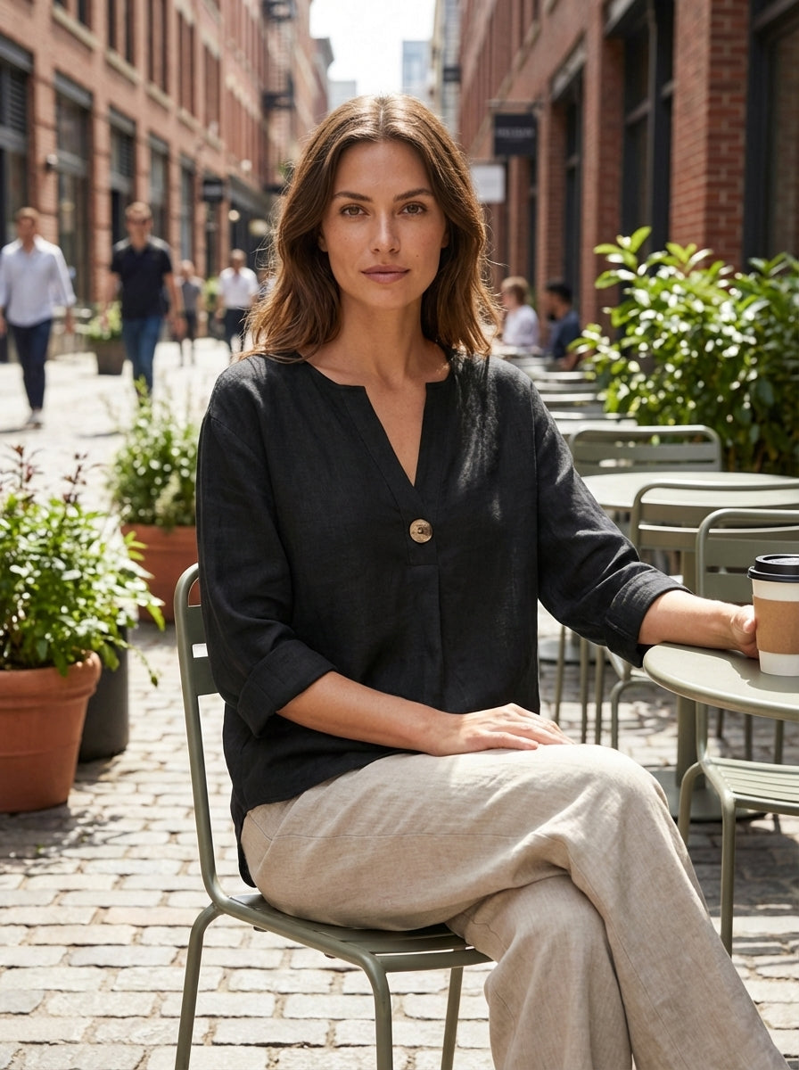 Women's Blouse with V-Neck and Button