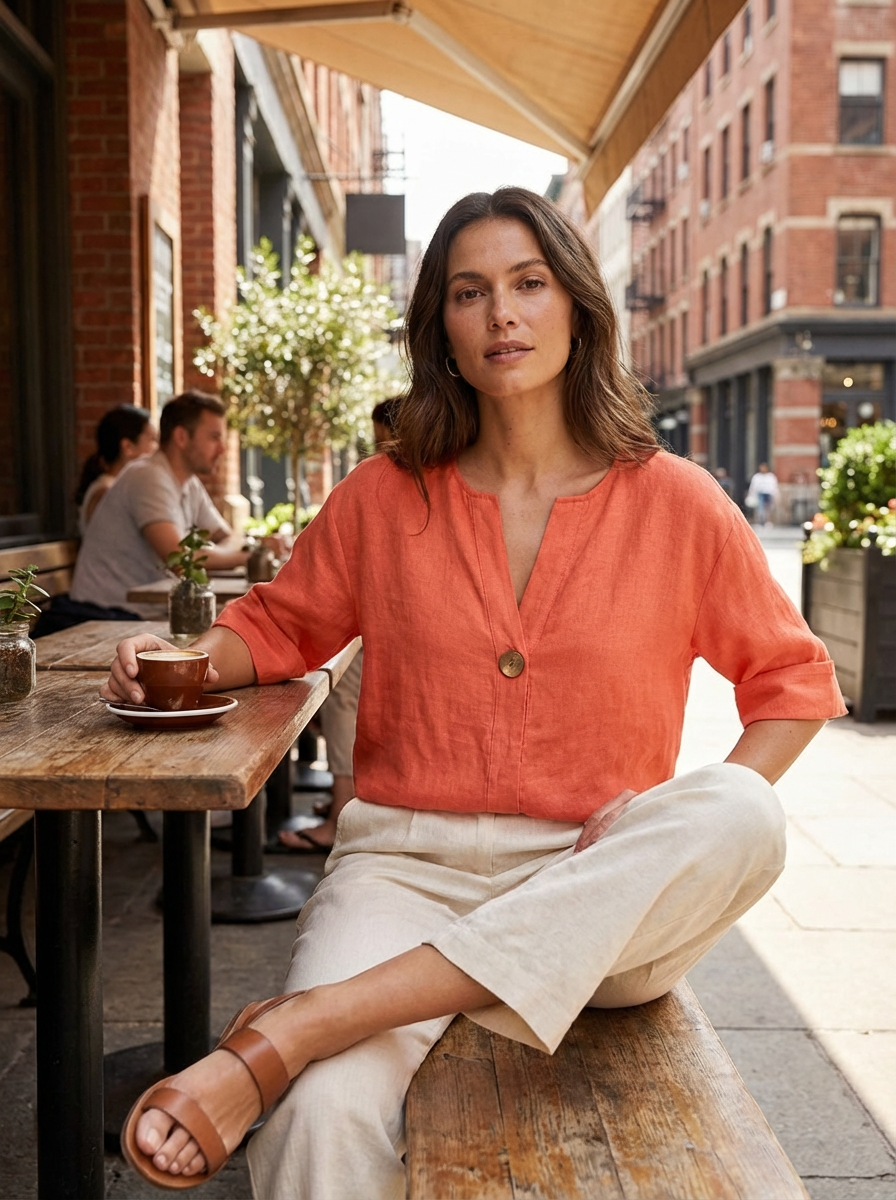 Women's Blouse with V-Neck and Button