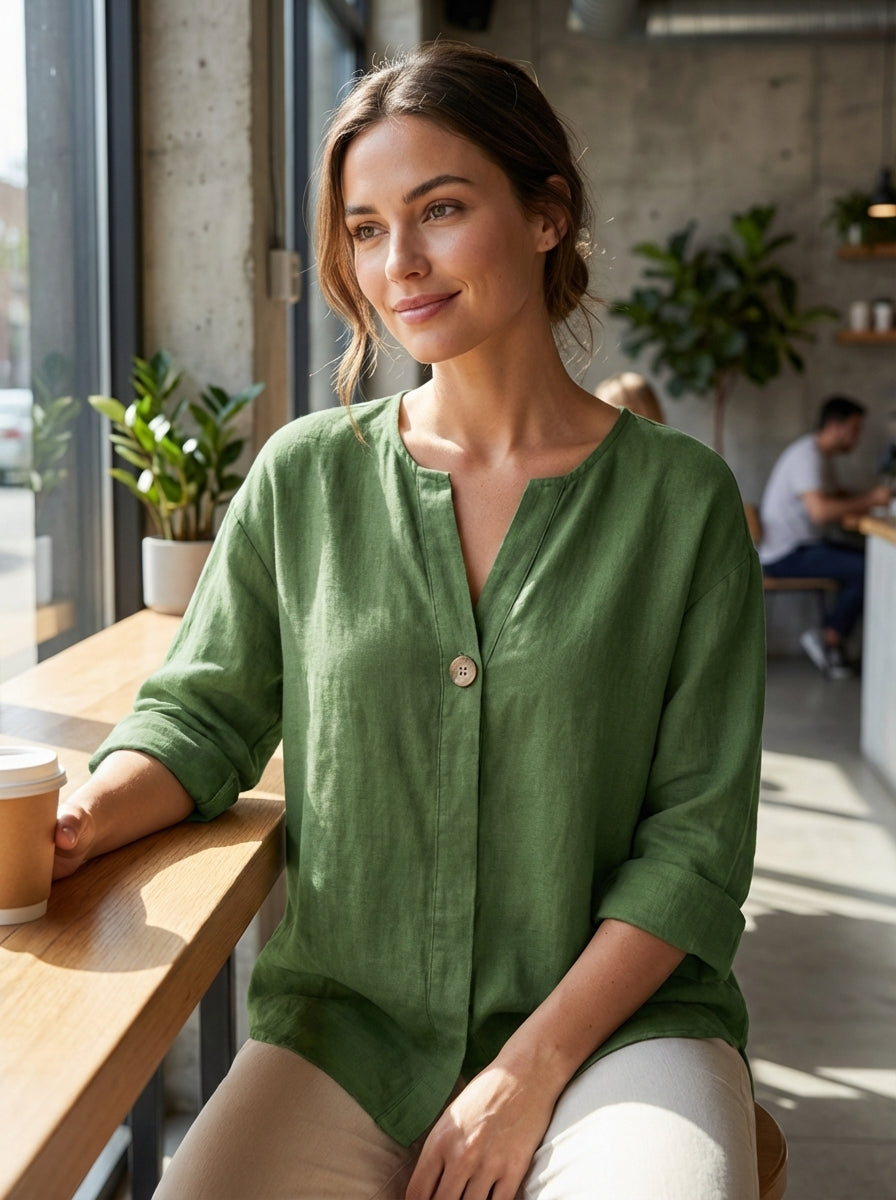 Women's Blouse with V-Neck and Button