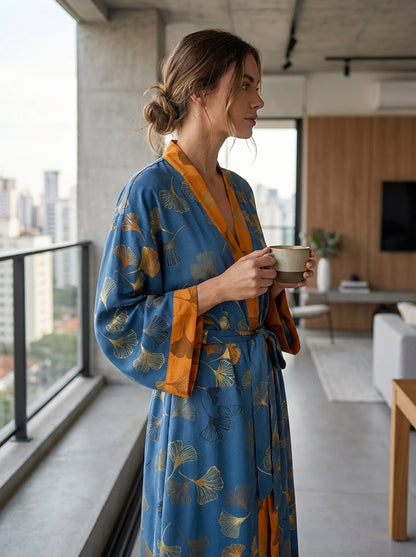 Kimono Women's Bathrobe with Belt and Pattern Knee-Length
