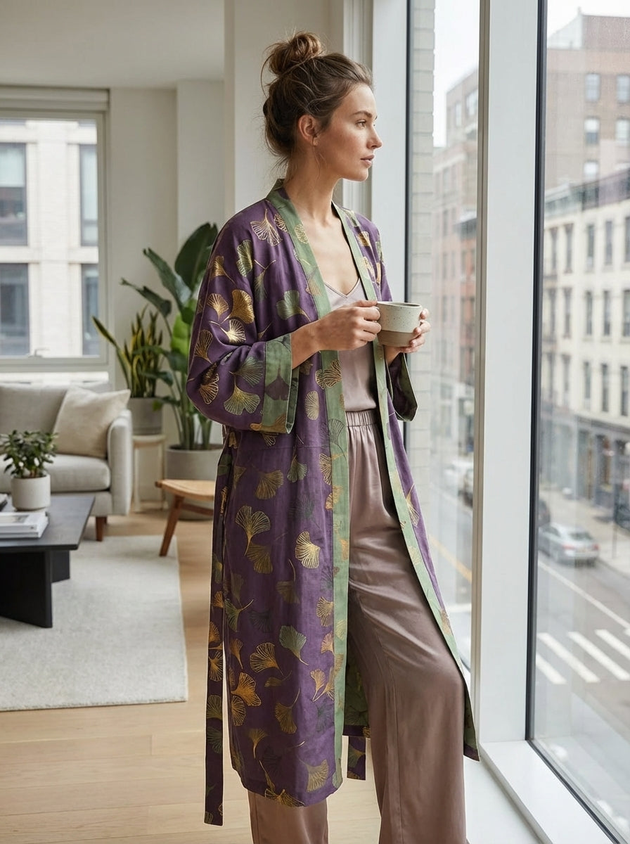 Kimono Women's Bathrobe with Belt and Pattern Knee-Length