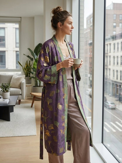 Kimono Women's Bathrobe with Belt and Pattern Knee-Length