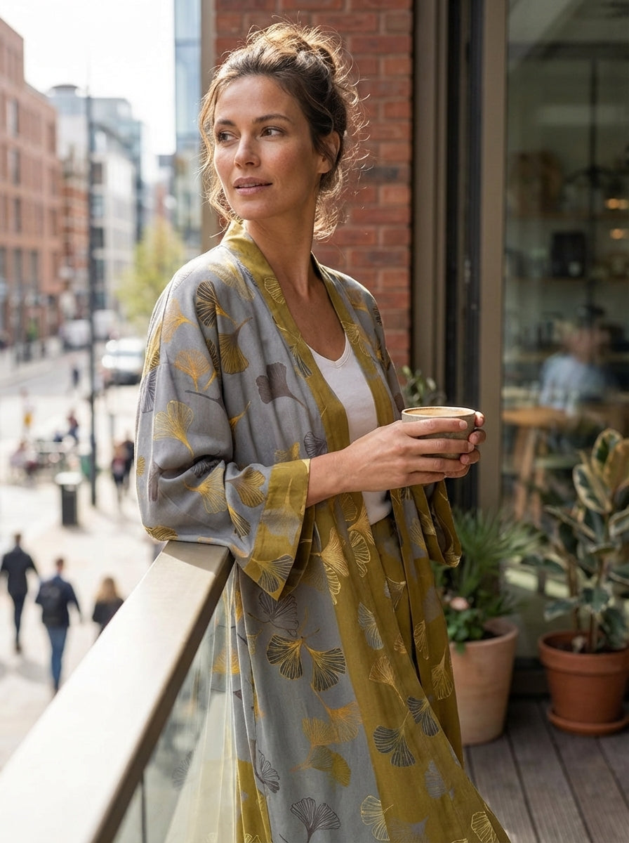 Kimono Women's Bathrobe with Belt and Pattern Knee-Length