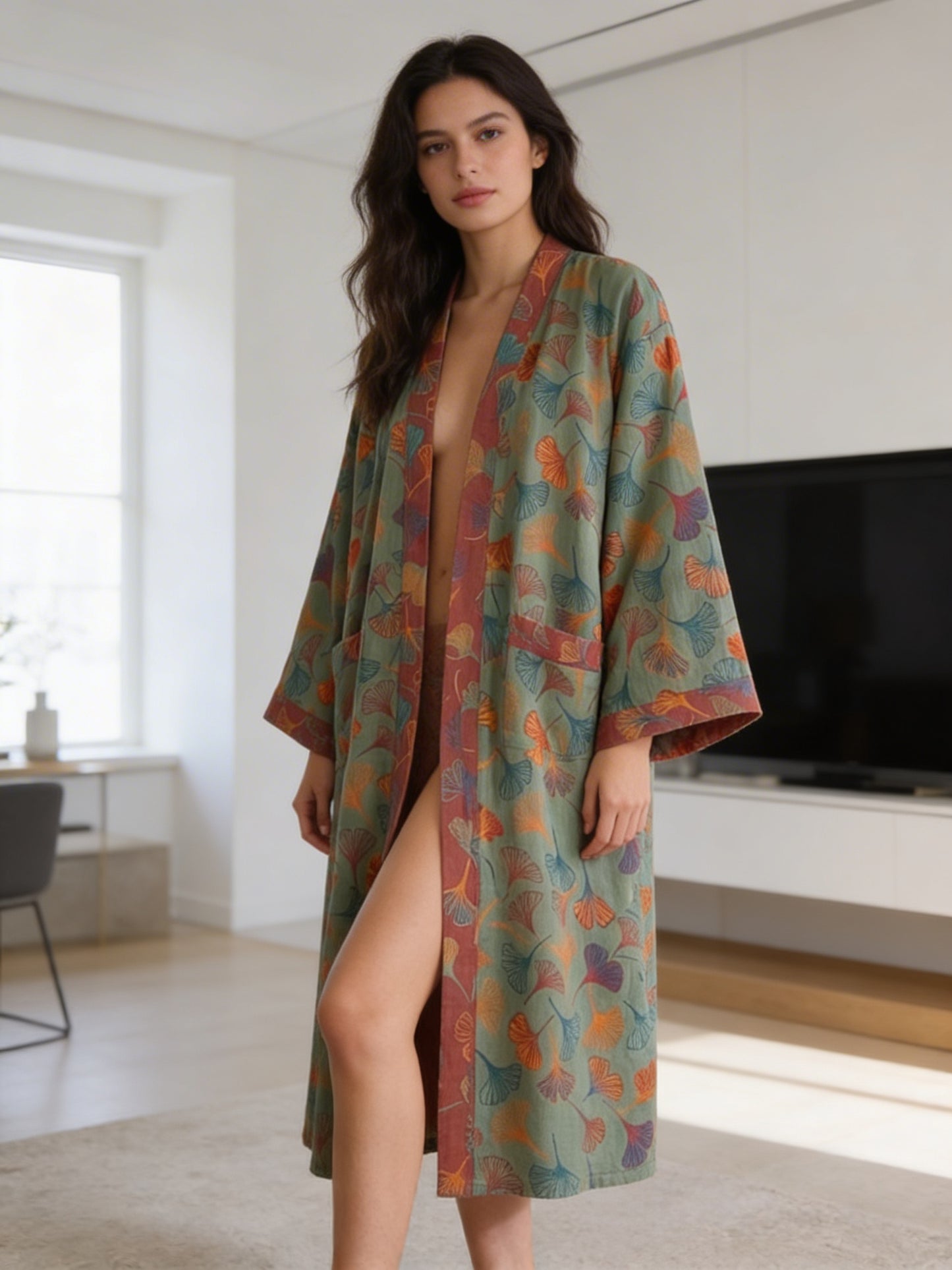 Kimono Women's Bathrobe with Belt and Pattern Knee-Length