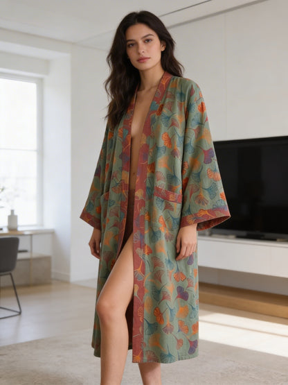 Kimono Women's Bathrobe with Belt and Pattern Knee-Length