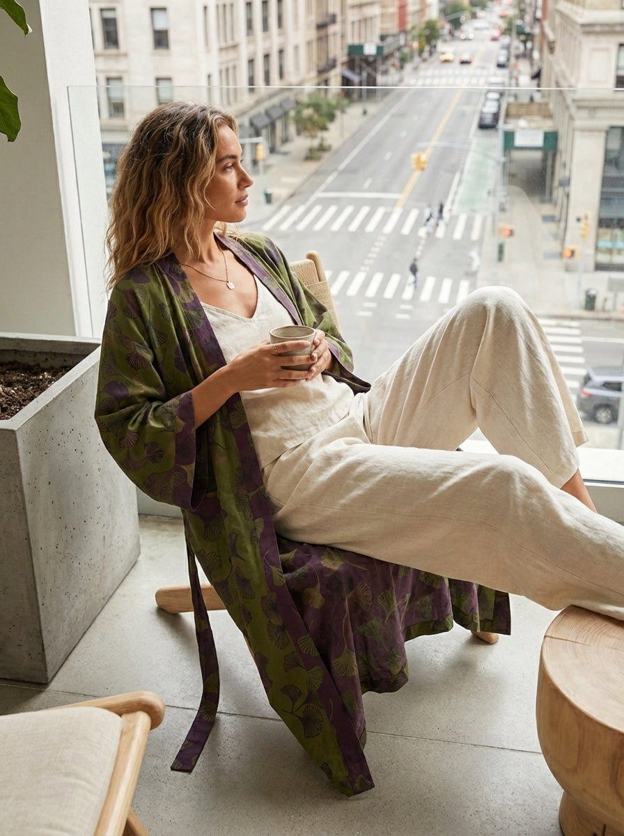 Kimono Women's Bathrobe with Belt and Pattern Knee-Length