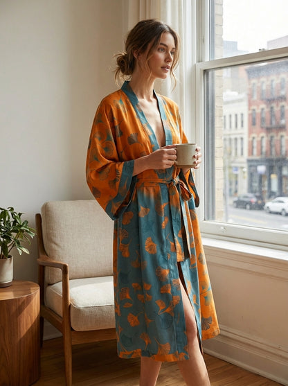 Kimono Women's Bathrobe with Belt and Pattern Knee-Length