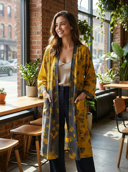 Kimono Women's Bathrobe with Belt and Pattern Knee-Length