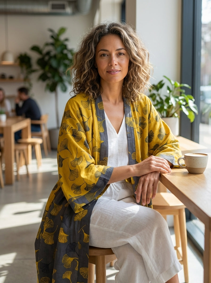 Kimono Women's Bathrobe with Belt and Pattern Knee-Length