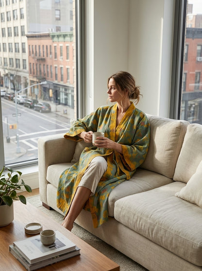 Kimono Women's Bathrobe with Belt and Pattern Knee-Length