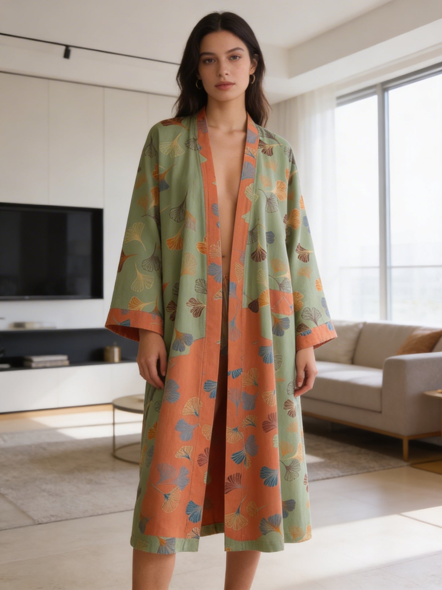 Kimono Women's Bathrobe with Belt and Pattern Knee-Length