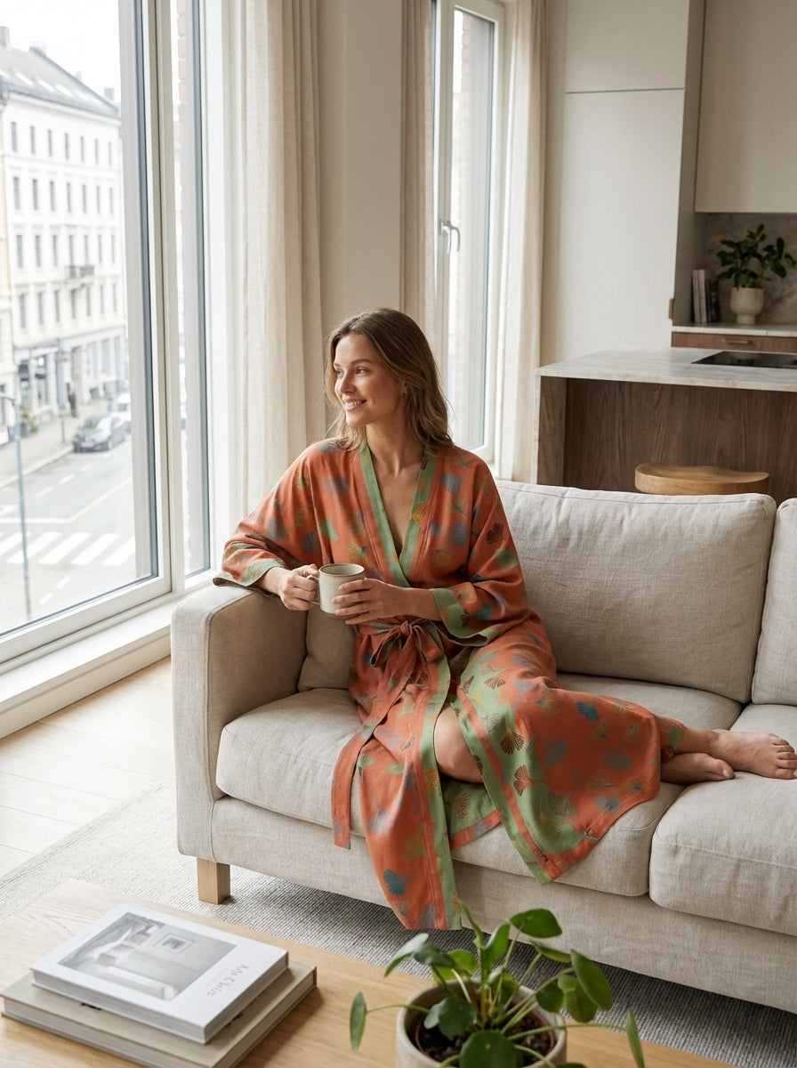 Kimono Women's Bathrobe with Belt and Pattern Knee-Length