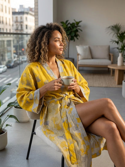 Kimono Women's Bathrobe with Belt and Pattern Knee-Length