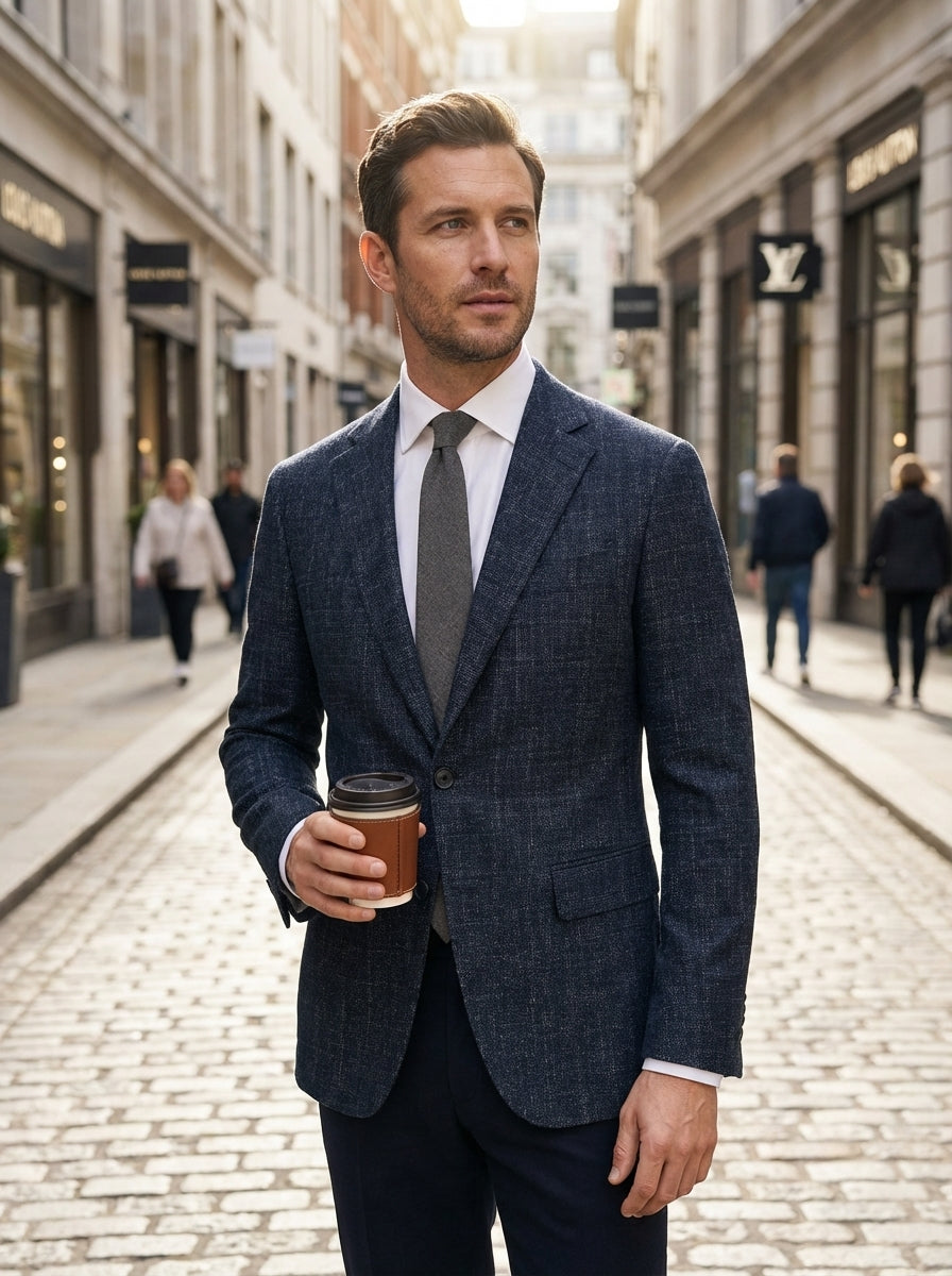 Men's Checked Blazer with Notched Lapel and Button Placket