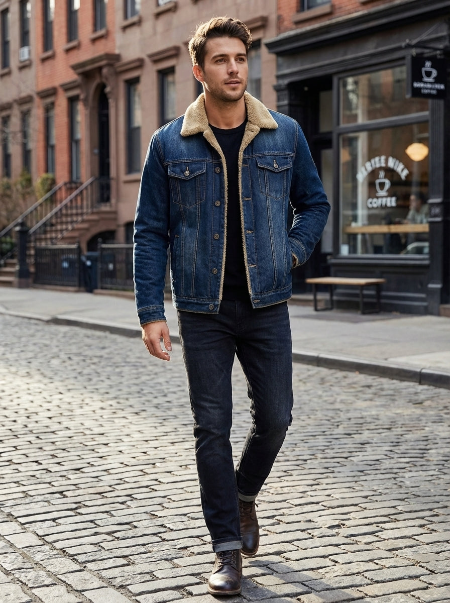 Men's Denim Jacket with Faux Fur Collar and Button Placket