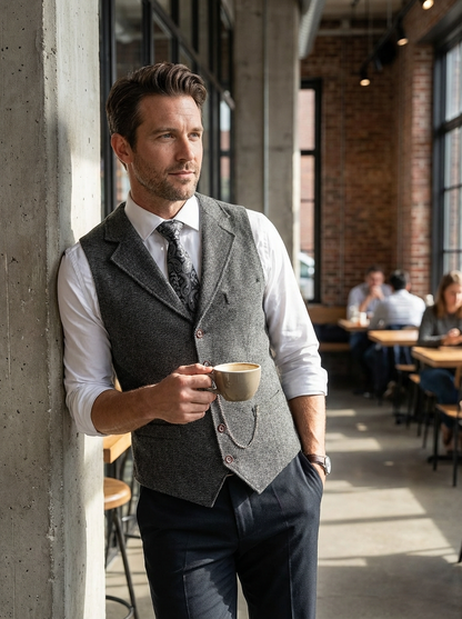 Men's Waistcoat with Notched Lapel and Button Placket