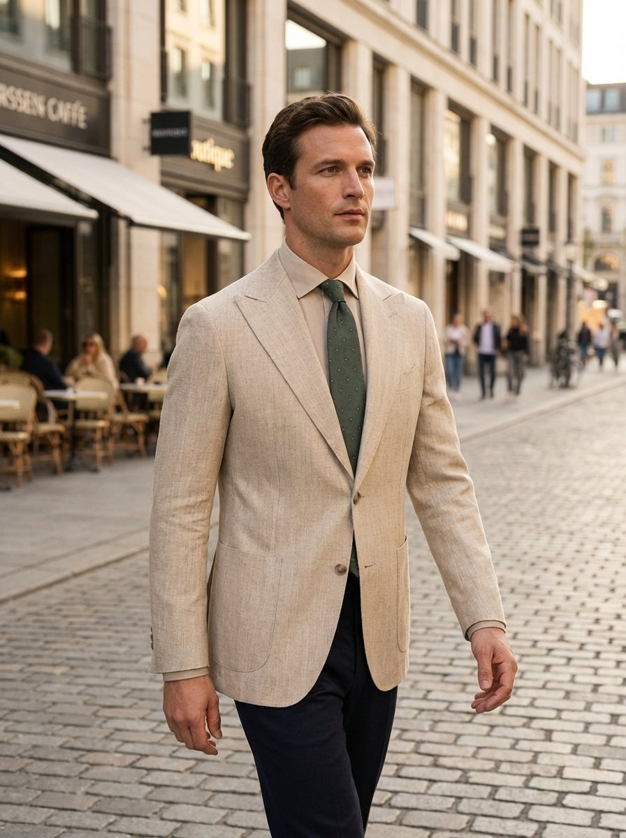 Men's Blazer in Linen Look with Notched Lapel and Button Closure