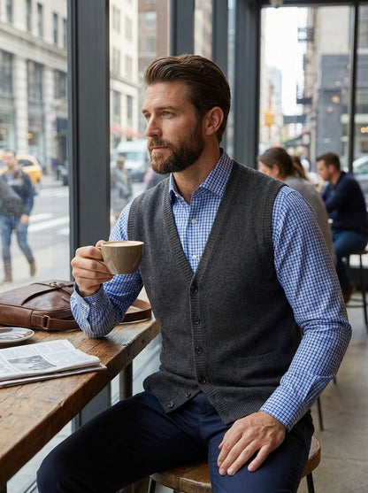 Men's Knitted Waistcoat with V-Neck and Button Placket
