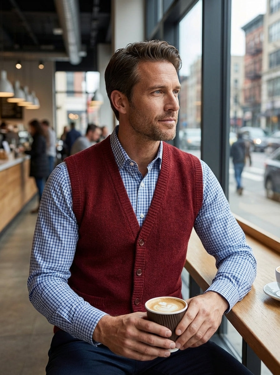 Men's Knitted Waistcoat with V-Neck and Button Placket