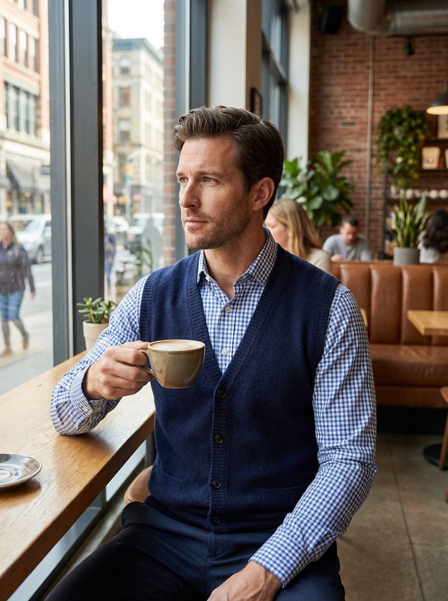 Men's Knitted Waistcoat with V-Neck and Button Placket