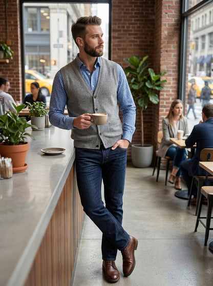 Men's Knitted Waistcoat with V-Neck and Button Placket