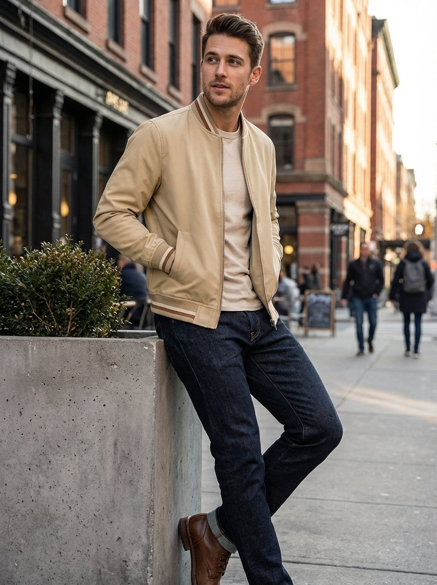 Men's Bomber Jacket with Zip and Stand-Up Collar