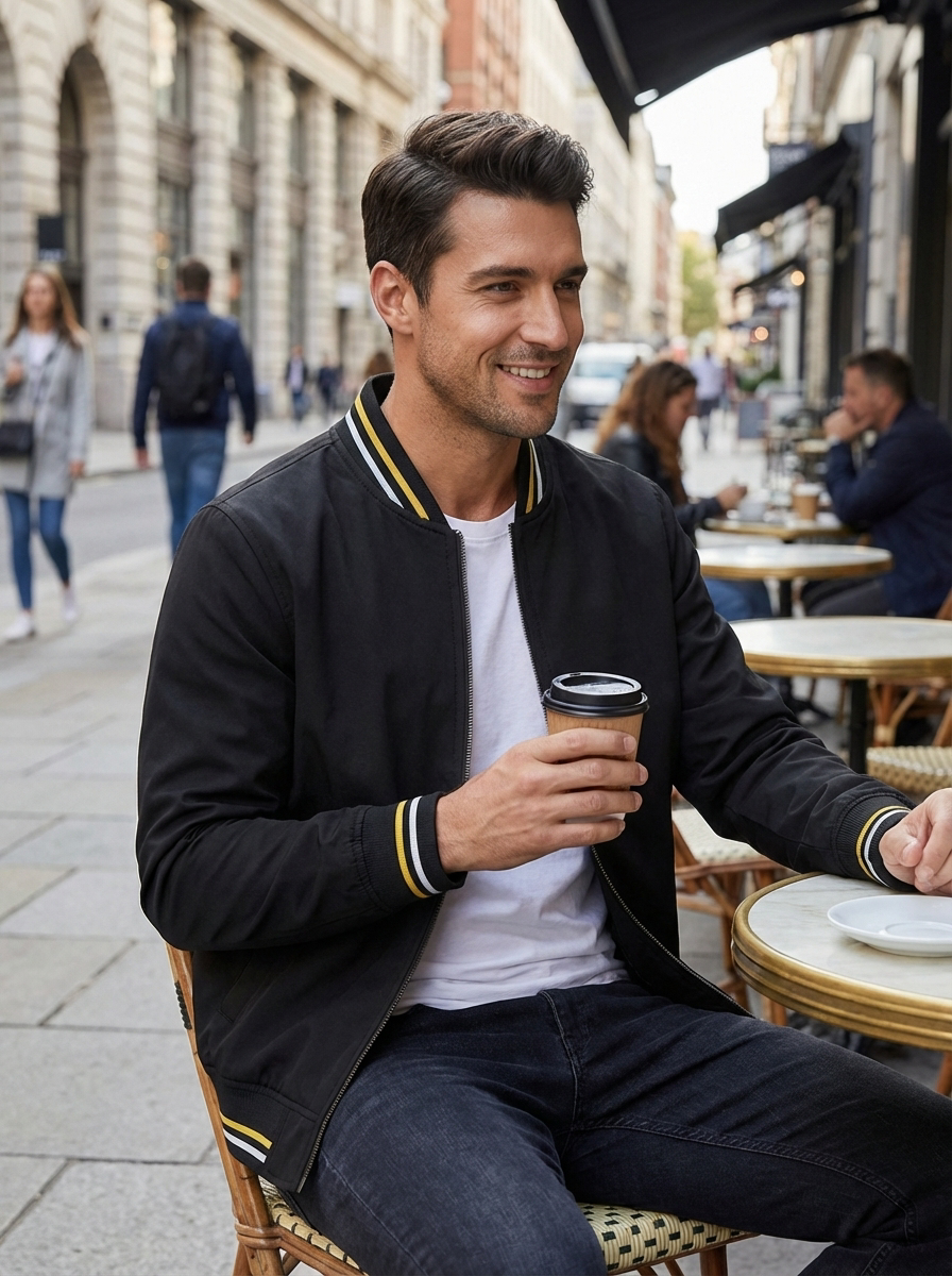 Men's Bomber Jacket with Zip and Stand-Up Collar