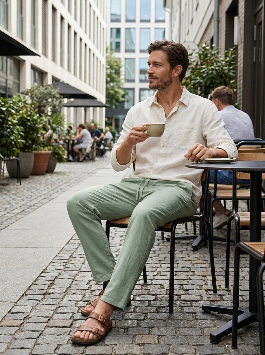 Men's Linen Trousers with Elastic Waistband and Drawstring