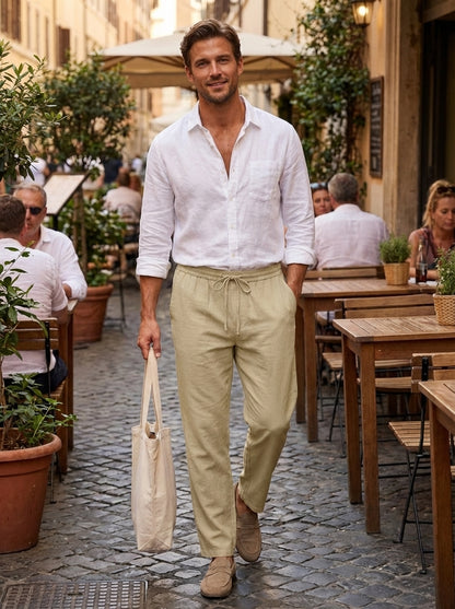 Men's Linen Trousers with Elastic Waistband and Drawstring