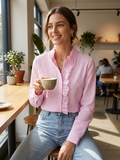 Women's Blouse with Ruffles and Stand-Up Collar