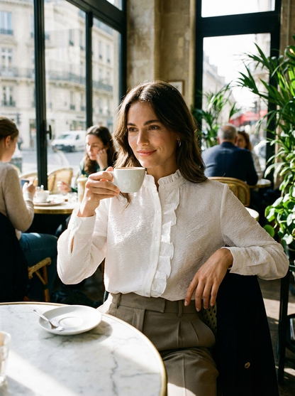 Women's Blouse with Ruffles and Stand-Up Collar