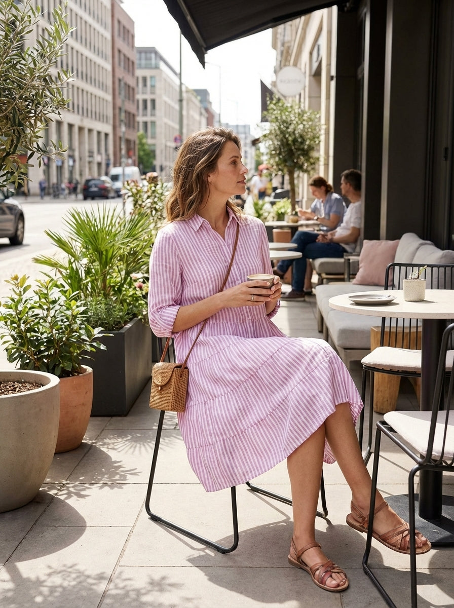 Women's Shirt Dress with Stripes and Button Placket