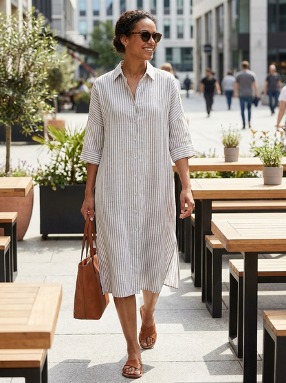 Striped Shirt Dress for Women with Button Placket