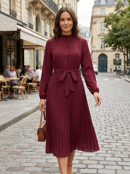 Midi Dress for Women Pleated with Long Sleeves and Belt