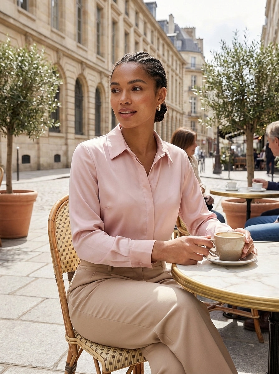 Women's Long Sleeve Blouse with Collar and Button Placket