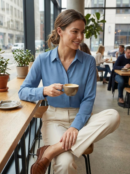 Women's Long Sleeve Blouse with Collar and Button Placket