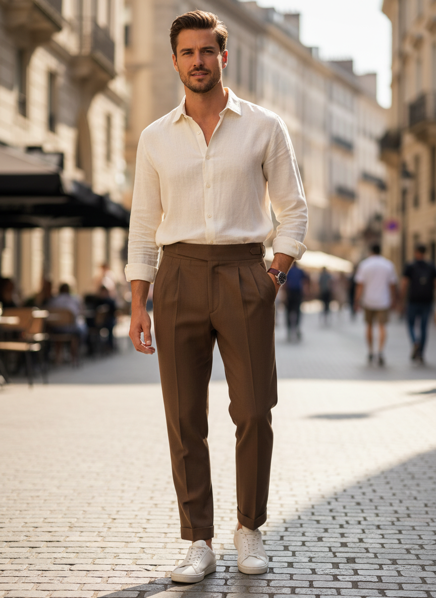 Men's Trousers with Pleats, High Waist, Straight Cut