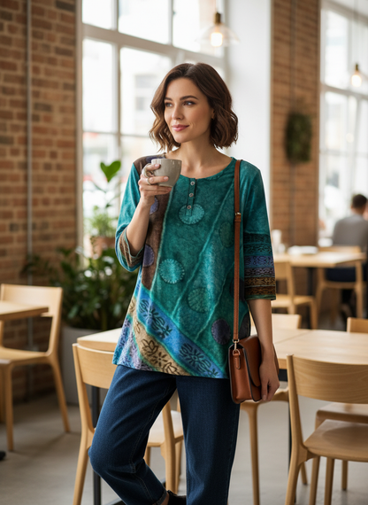 Women's 3/4 Sleeve Blouse with Round Neck - Colourful Pattern