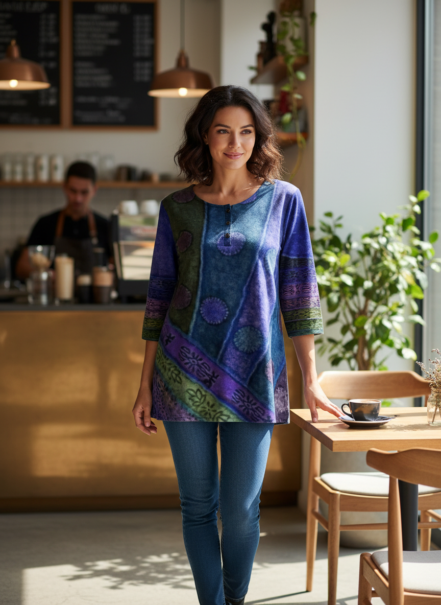 Women's 3/4 Sleeve Blouse with Round Neck - Colourful Pattern