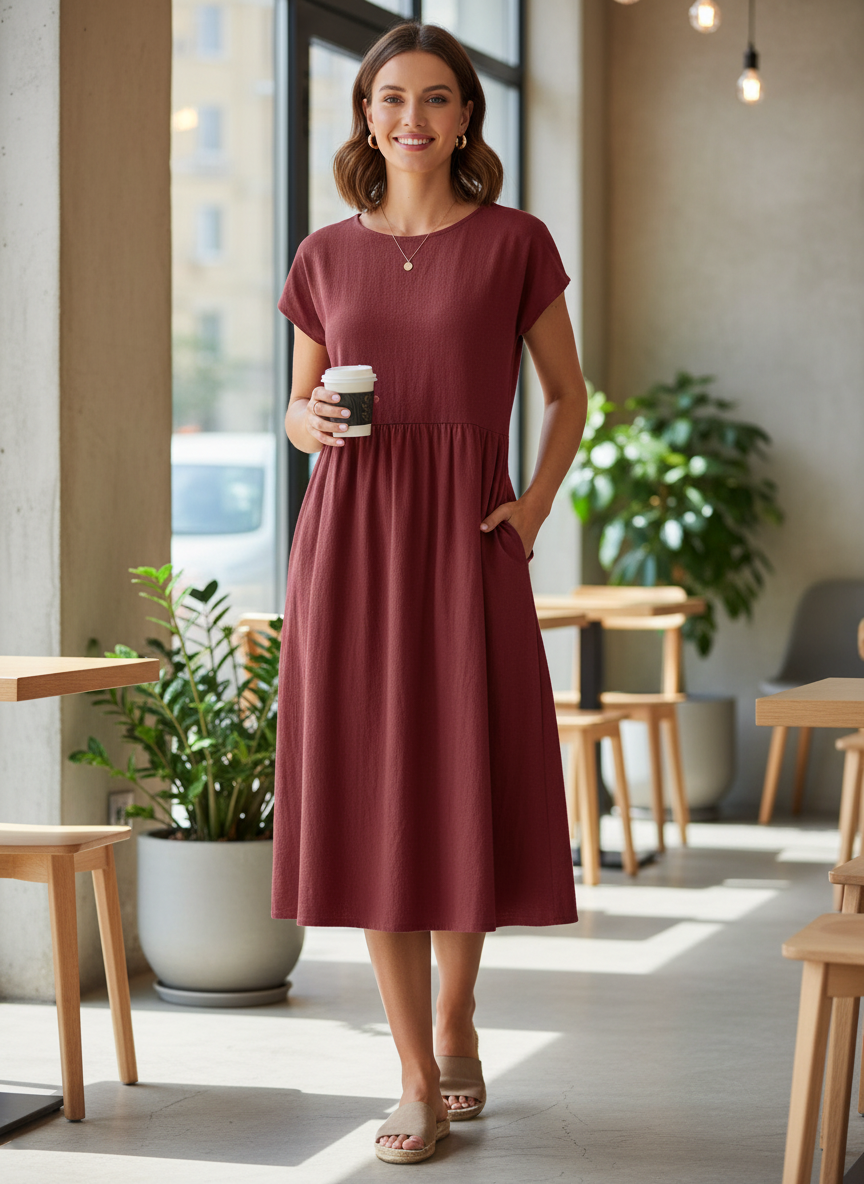 Midi Dress for Women Short Sleeve with Round Neck