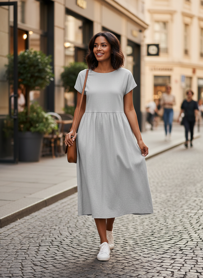 Midi Dress for Women Short Sleeve with Round Neck