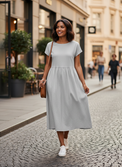 Midi Dress for Women Short Sleeve with Round Neck