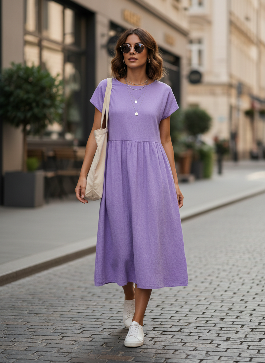Midi Dress for Women Short Sleeve with Round Neck